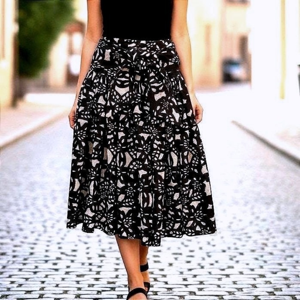 Vintage Black White Geometric Laser Cut Mesh High Waist Bow Flare Skirt Women M